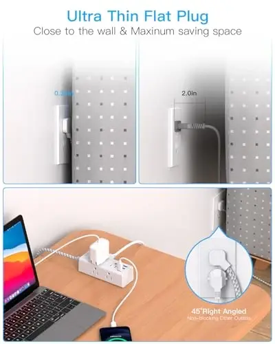 25 Ft Uzaytirgich Ko'p Rozetkali - One Beat Yassi Vilkali Elektr Tasmali Surge Himoyalash 25 Ft Uzun Kabel, 6 Rozetka 3 USB Port (1 USBC), Ko'p Rozetkali Devor Vilkasi Uy Ofis Yotoqxona Asosiy Jihozlari - 4