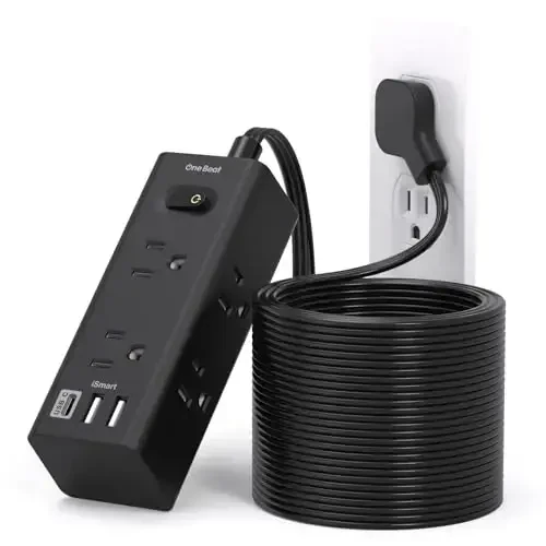 25 Ft Uzaytirgich ko'p rozetkali, Yassi vilka quvvat chizig'i 25 Ft uzunlikdagi simli to'lqin himoyachisi, 6 rozetkali 3 USB porti (1 USB C), Sayohat, kollej, yotoqxona uchun ko'p rozetkali devor vilkasi - Qora - 1