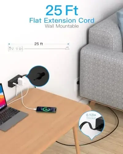 25 Ft Uzaytirgich ko'p rozetkali, Yassi vilka quvvat chizig'i 25 Ft uzunlikdagi simli to'lqin himoyachisi, 6 rozetkali 3 USB porti (1 USB C), Sayohat, kollej, yotoqxona uchun ko'p rozetkali devor vilkasi - Qora - 2