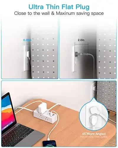 25 Ft Uzaytirish simi, bir nechta rozetkali, tekis vilka, 25 Ft uzun simli kuchlanishdan himoya qiluvchi tarmoqli filtr, 6 rozetka 3 USB porti (1 USB C), Sayohat, kollej, yotoqxona uchun ko'p rozetkali devor vilkasi - 6