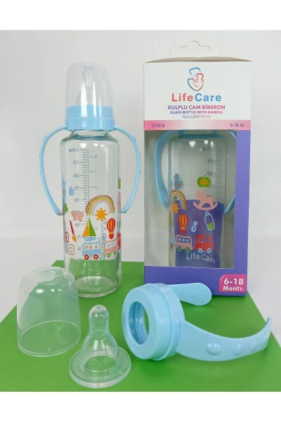 250ml blue glass baby bottle with handle - LIFE CARE