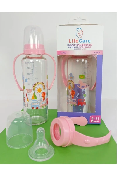 250ml Pink Glass Baby Bottle with Handle - GENEL MARKALAR