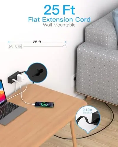 25Ft Удлинитель с розетками, Плоский Штекер Защита от Перенапряжения с Длинным Кабелем 25 Фт, 6 Розетки 3 USB Порта (1 USB C), Настенный Многоразъемный Штекер для Путешествий, Товары для Колледжа, Общежития-Черный - 2
