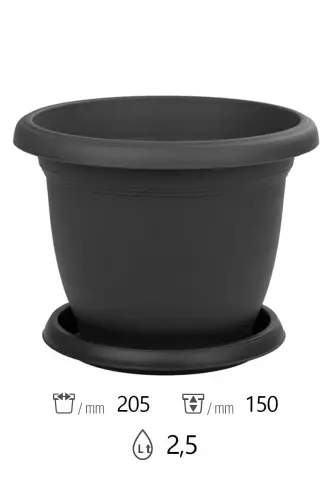 2.5lt Ø20,5x15cm Tabaklı Mat Plastik Küçük Boy Yuvarlak Saksı Villa No4 Antrasit Gri - 2,5L - 2