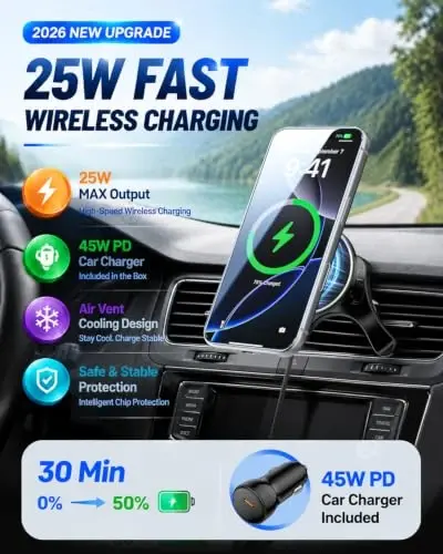 25W for MagSafe Car Charger Vent Mount Magnetic Phone Holder w/ 45W Charger | 25W Fast Wireless Charging, Vent Mount Cooling Design, Strong Magnetic Hold, 360°Adjustable, Includes 45W PD Charger - iAXBi (1)