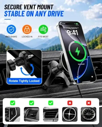 25W for MagSafe Car Charger Vent Mount Magnetic Phone Holder w/ 45W Charger | 25W Fast Wireless Charging, Vent Mount Cooling Design, Strong Magnetic Hold, 360°Adjustable, Includes 45W PD Charger - 3