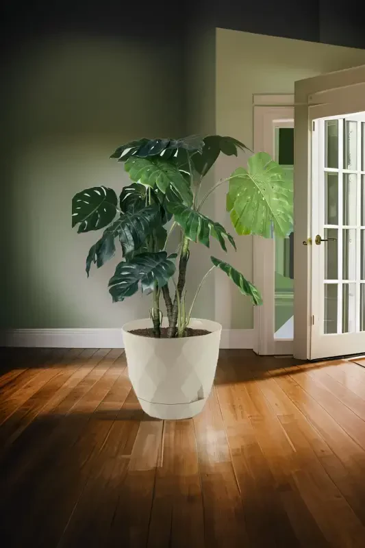 26 Liter Prism Patterned Decorative Large Size Saucered Plastic Pot Yakamoz No7 38.5cm 34cm-BEIGE - 1