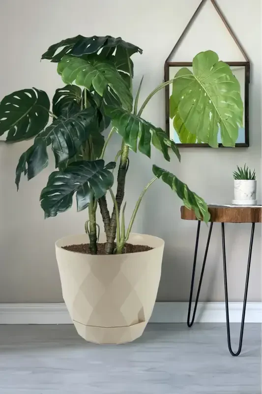 26 Litr Prizma naqshli dekorativ katta hajmli taglikli plastik gulqozon Yakamoz No7 38,5cm 34cm-BEJ - 2