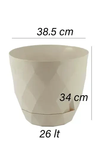 26 Litr Prizma naqshli dekorativ katta hajmli taglikli plastik gulqozon Yakamoz No7 38,5cm 34cm-BEJ - 3