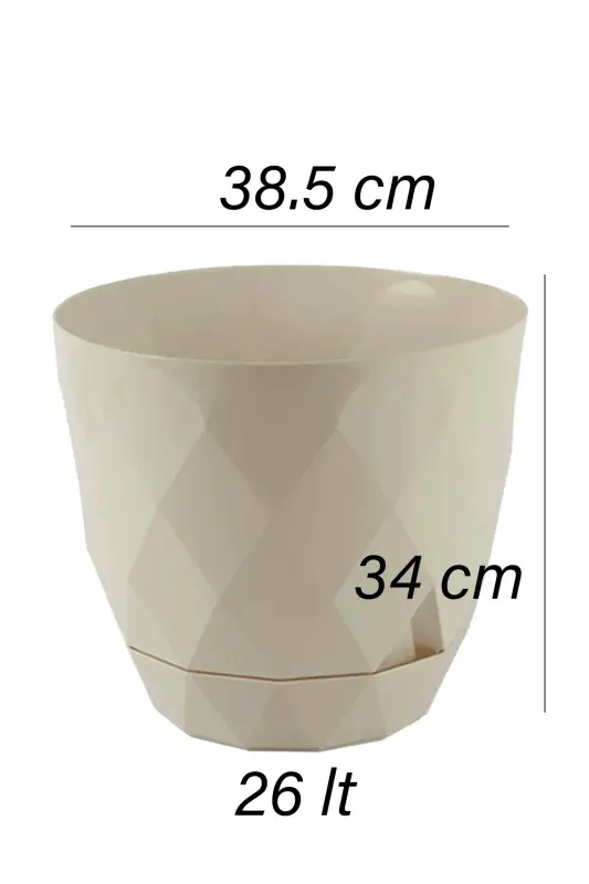 26 Litre Prizma Desenli Dekoratif Büyük Boy Tabaklı Plastik Saksı Yakamoz No7 38,5cm 34cm - BEJ - 3