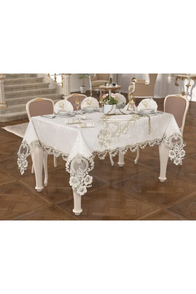 26 Piece Velvet French Lace Dinner Set with Cream Gold Detail - MELIS