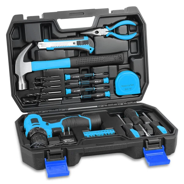 27 dona 12V 1300mAh lityum simsiz burgʻulash va uy taʼmirlash toʻplami kombinatsiyalangan asboblar toʻplami koʻk - DNA MOTORING