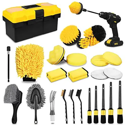 27Pcs Car Detailing Kit, Car Detailing Brush Set, Auto Detailing Drill Brush Set, Car Detailing Brushes, Car Wash Kit, Car Accessories, Car Cleaning Tools Kit for Interior, Exterior, Wheels - 1