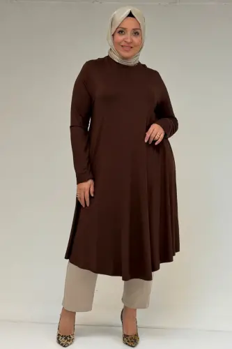 28016 Büyük Beden Mevlana Penye Tunik - Kahve - 1