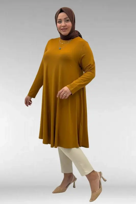 28016 Büyük Beden Penye Mevlana Tunik - Tütün - BÜYÜKBEDENIZ