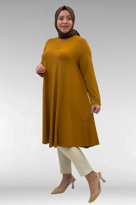 28016 Büyük Beden Penye Mevlana Tunik - Tütün - 3