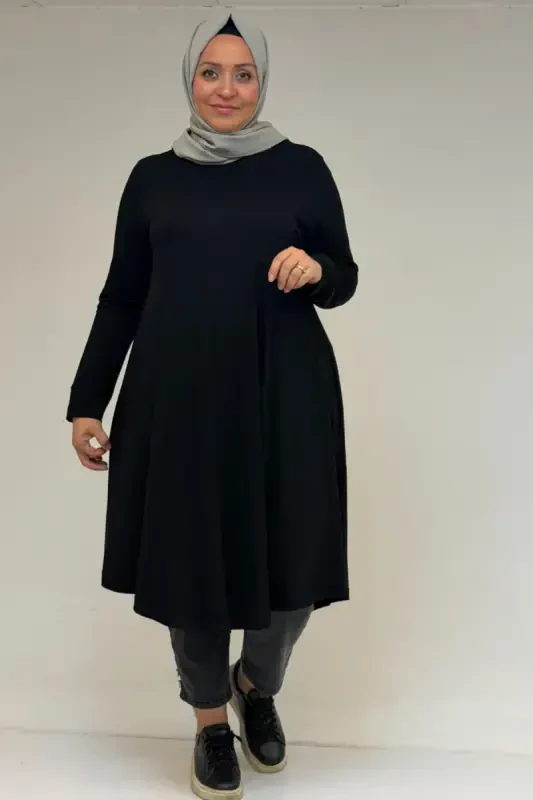 28016 Katta Hajmli Mavlono Penye Tunik - Qora - BÜYÜKBEDENIZ