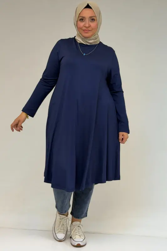 28016 Plus Size Mevlana Cotton Tunic - Indigo - BÜYÜKBEDENIZ