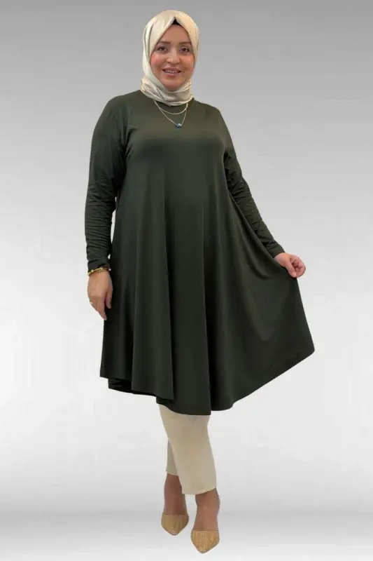 28016 Plus Size Mevlana Cotton Tunic - Khaki - BÜYÜKBEDENIZ