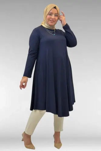 28016 Plus Size Mevlana Cotton Tunic - Navy Blue - 1