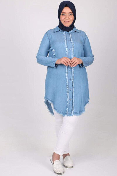 28073 Plus Size Fringed Denim Shirt - Ice Blue - 1