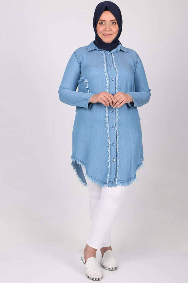 28073 Plus Size Fringed Denim Shirt - Ice Blue - 1