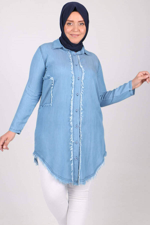 28073 Plus Size Fringed Denim Shirt - Ice Blue - 3