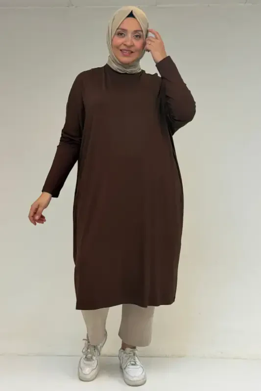28092 Plus Size Drop Shoulder Knitted Tunic - Brown - BÜYÜKBEDENIZ