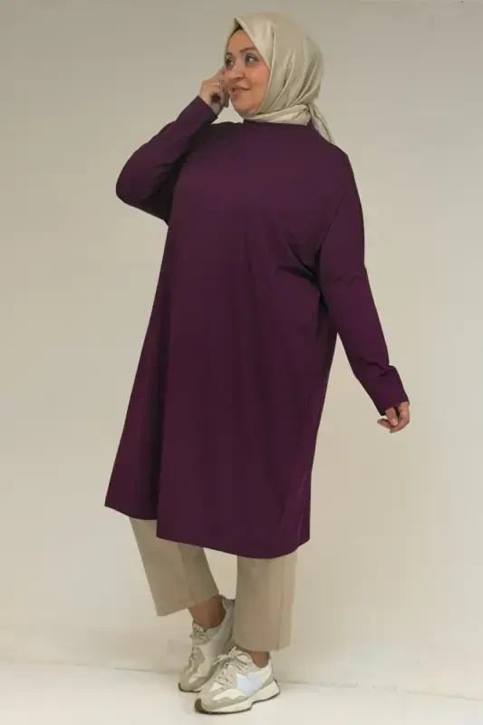 28092 Plus Size Low Sleeve Knitted Tunic - Plum - 1