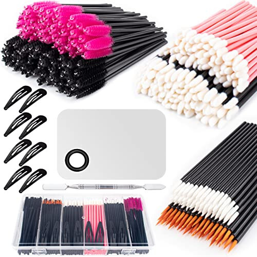 281 Parça Tek Kullanımlık Makyaj Araçları Seti, Paslanmaz Çelik Makyaj Karıştırma Paleti, Spatula, Plastik Organizatör Kutusu, Saç Klipsleri, Eyeliner Fırçaları, Maskara Çubukları ve Ruj Aplikatörleri, Dudak Çubukları İçerir - 1