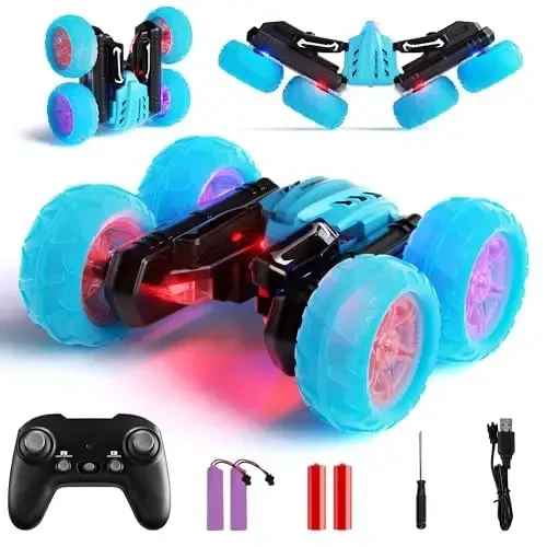 28°C RC Cars Rotating Stunt Car, Remote Control Cars Toys with Headlight Wheel Light, Double-Sided Driving 360°Flips Rotating Car Toy for Boys Girls Birthday (Blue) - 28°C