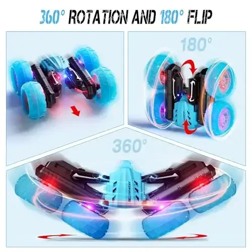 28°C RC Cars Rotating Stunt Car, Remote Control Cars Toys with Headlight Wheel Light, Double-Sided Driving 360°Flips Rotating Car Toy for Boys Girls Birthday (Blue) - 28°C (1)