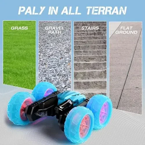 28°C RC Cars Aylanadigan Stunt Car, Masofadan boshqariladigan o'yinchoq mashinalar, Faralar va g'ildirak chiroqlari bilan, Ikki tomonlama haydash 360° Aylanadigan mashina o'yinchoq o'g'il bolalar qizlar uchun tug'ilgan kun (ko'k) - 3