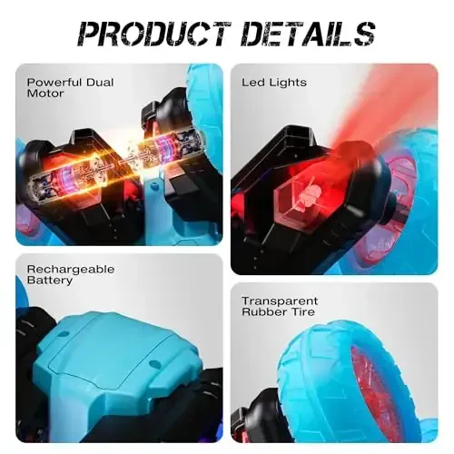 28°C RC Cars Rotating Stunt Car, Remote Control Cars Toys with Headlight Wheel Light, Double-Sided Driving 360°Flips Rotating Car Toy for Boys Girls Birthday (Blue) - 4