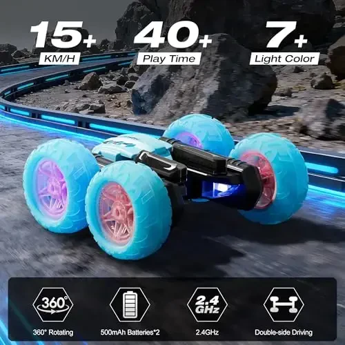 28°C RC Cars Rotating Stunt Car, Remote Control Cars Toys with Headlight Wheel Light, Double-Sided Driving 360°Flips Rotating Car Toy for Boys Girls Birthday (Blue) - 5