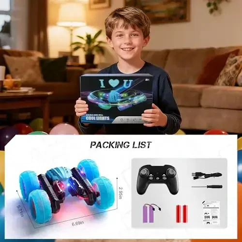 28°C RC Cars Rotating Stunt Car, Remote Control Cars Toys with Headlight Wheel Light, Double-Sided Driving 360°Flips Rotating Car Toy for Boys Girls Birthday (Blue) - 6