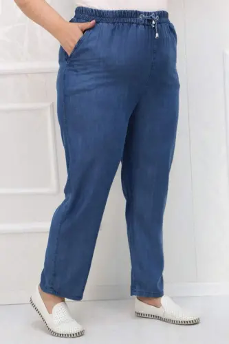 29001 Büyük Beden Dar Paça Kot Pantolon-Koyu Mavi - 1