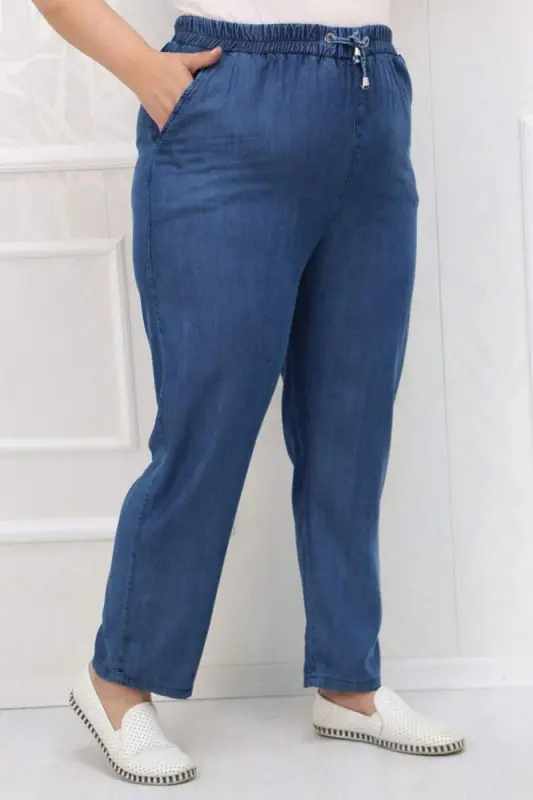 29001 Büyük Beden Dar Paça Kot Pantolon-Koyu Mavi - 1