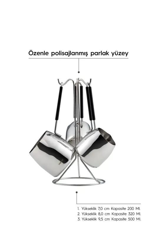 29015 Modern Askı Standlı 4 Parça Çelik Cezve Seti - 6