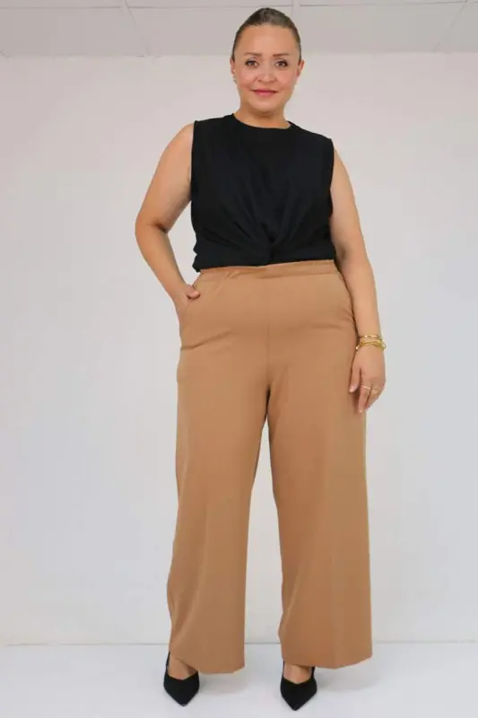 29019 Büyük Beden Beli Lastikli Bolpaça Pantolon - Taba - 1