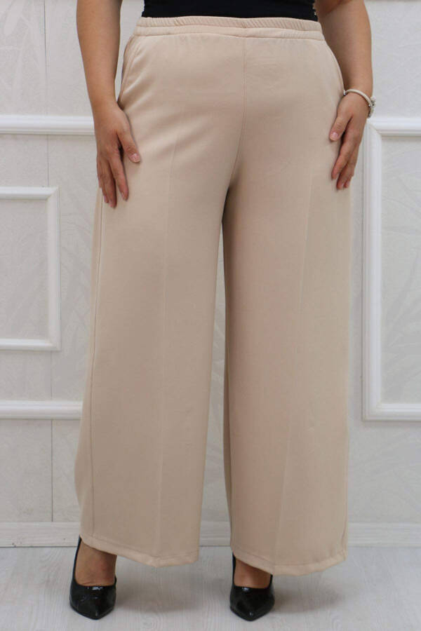 29019 Plus Size Elastic Waist Full Length Lycra Pants - Beige - 1