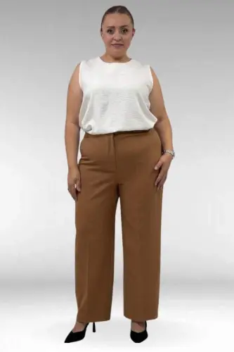 29021 Büyük Beden Beli Düğmeli Double Pantolon - Taba - 1