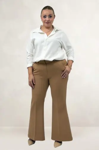 29031 Büyük Beden İspanyol Paça Pantolon - Taba - BÜYÜKBEDENIZ (1)