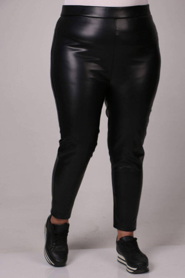 29508 Plus Size Elastic Waist Leather Leggings - Black - 1