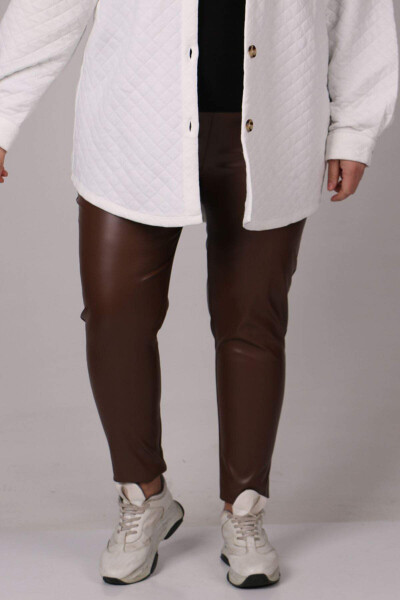 29508 Plus Size Elastic Waist Leather Leggings - Chocolate - 1