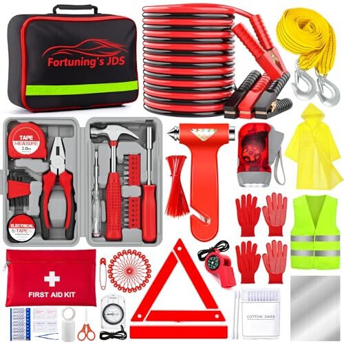 298PCS Roadside Emergency Car Kit- Car Emergency Kit with Jumper Cables, Roadside Emergency Kit for Vehicles, Emergency Car Kit, Car Safety Kits, Gloves, Tow Strap, Tool Kit, Reflective Warning Triangle - 298PCS