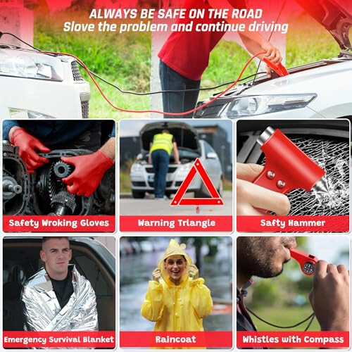 298PCS Roadside Emergency Car Kit- Car Emergency Kit with Jumper Cables, Roadside Emergency Kit for Vehicles, Emergency Car Kit, Car Safety Kits, Gloves, Tow Strap, Tool Kit, Reflective Warning Triangle - 4