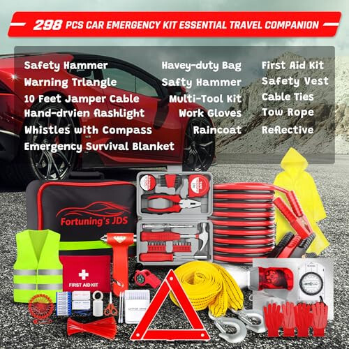 298PCS Roadside Emergency Car Kit- Car Emergency Kit with Jumper Cables, Roadside Emergency Kit for Vehicles, Emergency Car Kit, Car Safety Kits, Gloves, Tow Strap, Tool Kit, Reflective Warning Triangle - 7