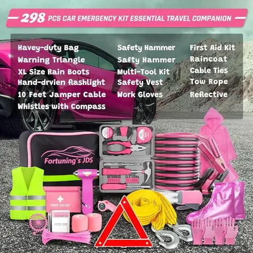 298PCS Roadside Emergency Car Kit- Car Emergency Kit with Jumper Cables, Roadside Emergency Kit for Vehicles, Emergency Car Kit, Car Safety Kits, Gloves, Tow Strap, Tool Kit, Reflective Warning Triangle - 7