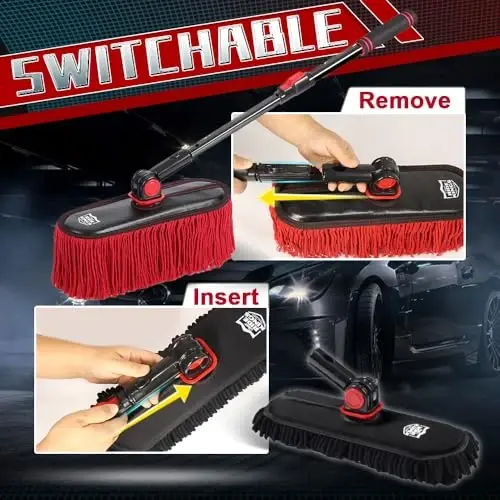 2In1 Brush And Duster For Car Exterior,Chenille Car Wash Brush Mop*1PC,Wax Cotton Car Duster Mop*1PC Remove Dust,Freely Switch A Retractable Black Steel Pole,Car Cleaning Supplies For Boat Truck Rv - 5